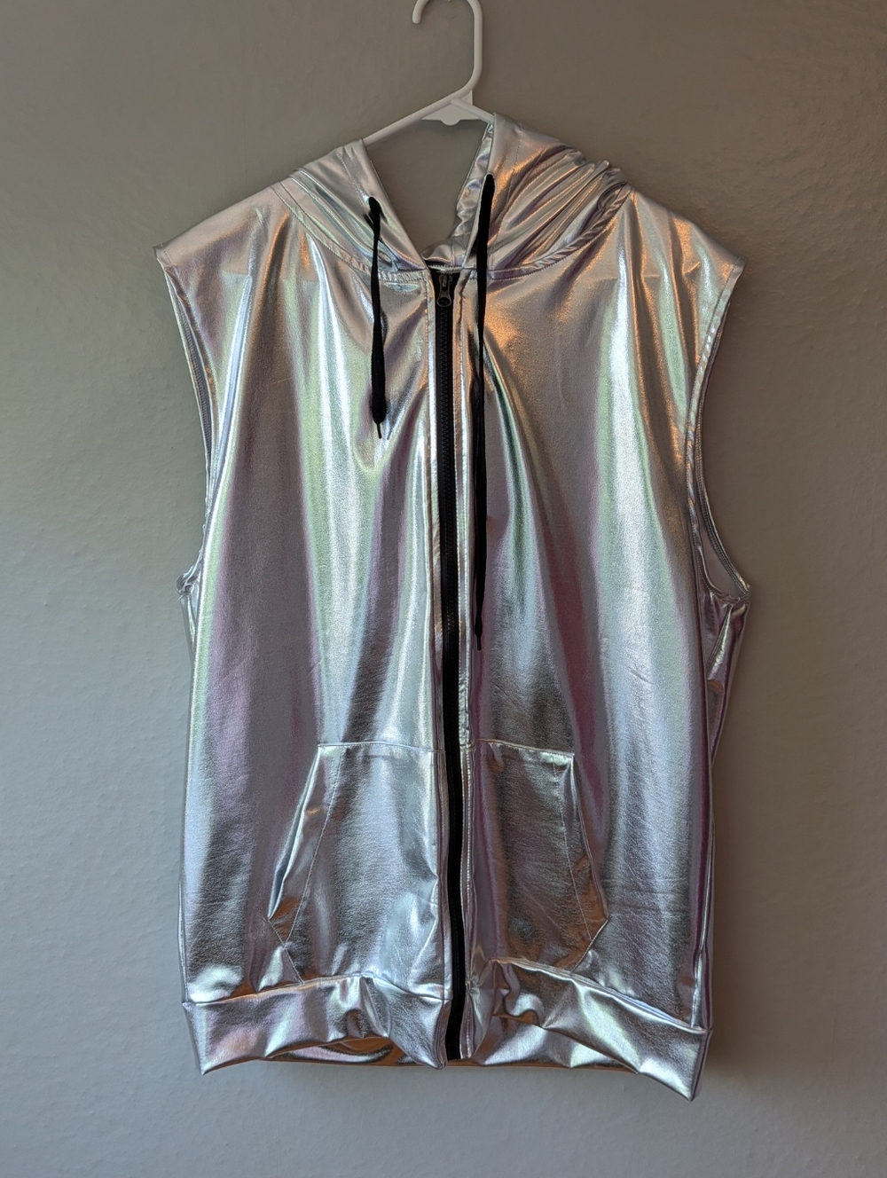 Zeroyaa Silver Metallic Hooded Sleeveless Zip Vest